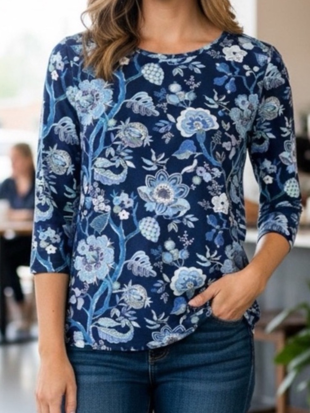 McLAUGHLIN Signature Tee Floral Print Catalina Cloth Top Navy Crewneck Top Sz XS
